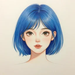 drawing of a beautiful woman with short blue hair, big brown eyes