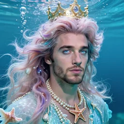 “ al pacino portrait, young, fantasy, mermaid, hyperrealistic, game character, underwater, highly detailed, sharp focus, cinematic lighting, pearls, glowing hair, shells, gills, crown, water, highlights, starfish, jewelry, realistic, digital art, pastel, magic, fiction, ocean, king, colorful hair, sparkly eyes, fish, heroic, god, waves, bubbles, king ”