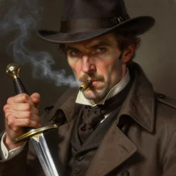 portrait of a detective wearing trench coat and smoking puro, holding a sword, victorian, concept art, detailed face, fantasy, close up face, highly detailed, cinematic lighting, digital art painting by greg rutkowski