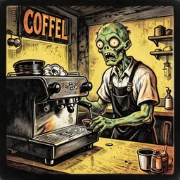woodcut, vhs cover, 1 9 8 3, horror, coffee shop, espresso machine, barista zombie, los angeles, designed by charles burns