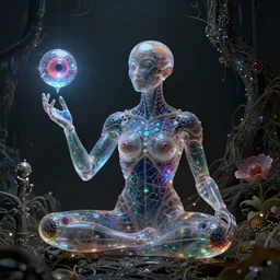 8k ultrarealistic transparent full body insectoid cyborg dmt entity with microbial eyes as body geometric pattern in the hand giving a merkabah to sitting meditating third eye activated human soulful colors beksinski sci fi cyberpunk steampunk hyperrealistic ernst haeckel dark grim