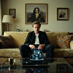 an mri slice of james cavell in the living room, film still from the movie directed by denis villeneuve with art direction by salvador dali, wide lens