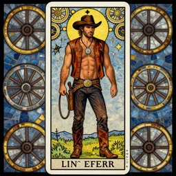 a beautiful epic sinister symmetrical tarot painting of a handome hairy! shirtless cowboy holding reins and wearing a leather vest and pants and a circular pendant around his neck | background is a mosaic of wagon wheels | tarot card, art deco, art nouveau | trending on artstation