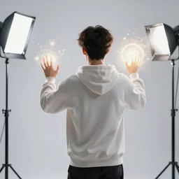 photo still of posterior view, young man in a hoodie, enchanting a magical spell, glowing aura, 8 k, studio lighting bright ambient lighting key light, 8 5 mm f 1. 8