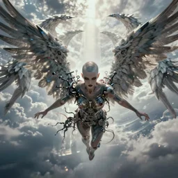 androgynous fallen angel with shaved head on one falling through the sky while battling superior larger angels, beautiful, symmetrical, hd, highly detailed, 4 k, artgerm, cyberpunk, art by greg rutkowski