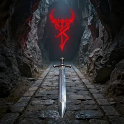 in the basement of the stone built devil castle, a stone road made of a huge sword in stone is paved in the middle of the cliff, and the red devil rune is floating in the air. narrative lighting, extremely super - detailed, intricate, epic composition, trending on artstation, by sergey vasnev and jan urschel