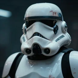 close - up cyberpunk stormtrooper, battle scars, moody lighting, 8 k, shallow depth of field, cinematic lighting,