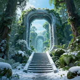 stairs leading to a frozen derelict portal in a middle of a snowy lush futuristic forest, green lush world seen only through a portal, daylight, cinematic lighting, blue sky, syd mead, john harris