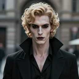 a beautiful young male vampire, pale skin with dark veins, totally black eyes, blond curly hairs. Modern dress. Front view. High detailed. Urban background.