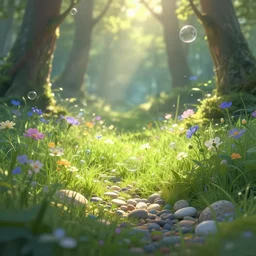 a flowery grassy angelic heavenly light forest, lighting, rim light, pebbles, stones, bubbles, artstation, digital art.