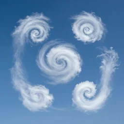 stylized clouds, twisted clouds, blue sky, multiple spirals