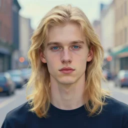 a beautiful young man, blond, long hair, blue eyes, fair skin, in the middle of the city, impressionist, volumetric light, low detail