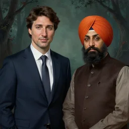 Justin Trudeau beside Jagmeet Singh, pictured in the american gothic painting, concept art, sharp focus, highly detailed digital painting by Grant Wood, artstation