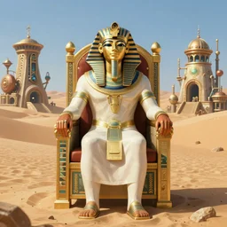An egyptian prince sitting on his royal throne in the steampunk capital of a sand desert, highly detailed, digital painting, artstation, concept art, smooth, sharp focus, illustration, art by WLOP
