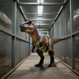 chased by a velociraptor in an endless cage corridor, photo