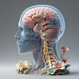 x - ray of human head, brain, spine, nervous system, circuitry, flowers, sculpture, physical based render, hyper - maximal, surrealism