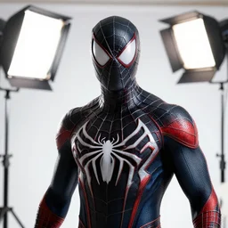 bright studio setting, highly detailed, unreal engine 5 quality render, studio lighting, crisp quality and light reflections, photorealistic portrait, still photo of symbiote spider - man