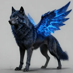 concept art of a black wolf with blue neon wings, highly detailed painting by dustin nguyen, akihiko yoshida, greg tocchini, 4 k, trending on artstation, 8 k