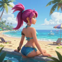 beautiful render of League of Legend's pool party Ahri looking at the horizon in a hawaii beach, 3d, octane render, realistic, highly detailed, trending on artstation