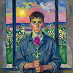 close portrait of prisoner with thistle, with city with orchard seen from the prison window frame. sun through the clouds, vivid iridescent colors. agnes pelton, egon schiele, henri de toulouse - lautrec, utamaro, monet