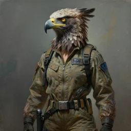 epic professional digital art of female human - eagle hybrid animal wearing air force jumpsuit, humanoid feathered head, eagle beak, painting, by leesha hannigan, iris van herpen, artstation, cgsociety, wlop, epic, much wow, much detail, gorgeous, detailed, cinematic, masterpiece
