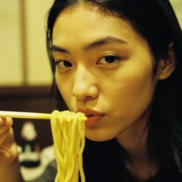 close up of face of asian fashion model, noodles bar in in tokio, photo by ellen von unwerth, analog, grainy, yellow, highly detailed