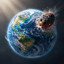 Digital art of Earth being hit by an asteroid causing oceans to spray up