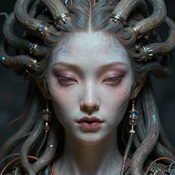 Medusa, detailed face,  very detailed, dramatic lighting, electrical details, high details, 4k, 8k, trending on artstation, by Greg Rutkowski, Wayne Barlowe, Hajime Sorayama and Boris Vallejo