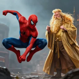 spiderman spell battle with dumbledore, spiderman fighting dumbledore in battle, epic dramatic wallpaper, trending on artstation