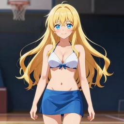 a very beautiful young anime basketball girl, full body, long wavy blond hair, sky blue eyes, full round face, short smile, bikini, miniskirt, highly detailed, cinematic wallpaper by stanley artgerm lau