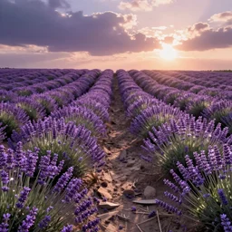 Lavender Fields in full bloom, 3D render, sunrise, beautiful scene