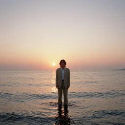 japanese man with long hair in a beige suit standing in the ocean looking at the camera, wide shot, far away, zoomed out, distance shot, sunset, centered, album cover, tatsuro yamashita, 1980, ride on time