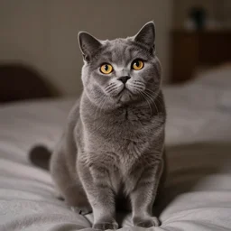 a cute gray cat looking up with big sad yellow eyes sitting on a bed in a dimly lit room, ultra realistic photograph