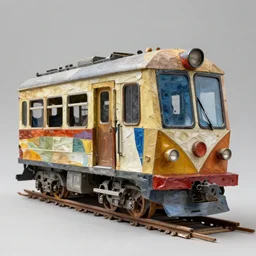sculpture of 🚝, made of recycled materials, detailed, cubism, full color hd, moebius