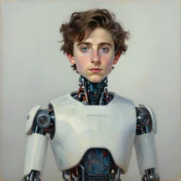 a portrait of timothee chalamet as a robot, oil painting, pale colors, high detail, 8 k, wide angle, trending on artstation,