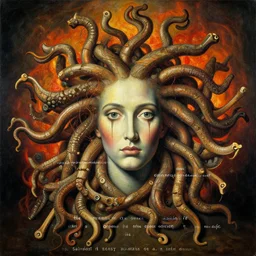 a surreal painting titled'the parametric decisions of a fishes strange life made by soft thick flesh and burning wooden stick constructions - the clock of medusa'by salvador dali and max ernst, dramatic lighting, organic, hyperdetailed, vibrant, intricate