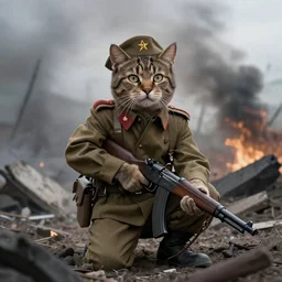 cat with soviet army clothes and a gun mid war, war field, destruction, cinematic, epic, dramatic