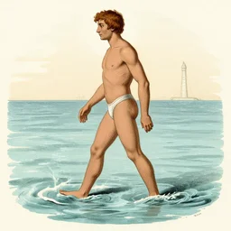 a vintage scientific illustration from the 1970s of a man walking on water