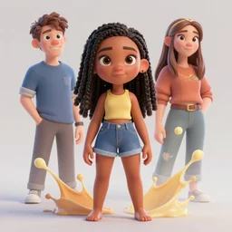 Full body, splash art by WLOP, Ilya kuvshinov, Krenz Cushart, and Greg Rutkowski, trending on artstation. Realistic fantasy cute Latina dark skin Pixar-style young girl, expressing joy, silky hair, wearing a red-sleeved white t-shirt with jeans, she has fire powers, her hair glows astonishing fire flames, Cinematic dramatic atmosphere of a mystic forest, sharp focus, soft volumetric studio lighting.