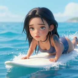 a beautiful emo girl with beautiful eyes and a detailed face is surfing on a surf board in a magical blue lagoon, pirate ships, clear water, palm trees, digital illustration, art by greg rutkowski, intricate, elegant, smooth, amazing detail, concept art, sharp focus, cinematic lighting