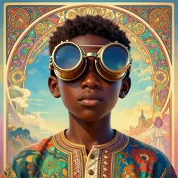 colourful vfx upper half - 3 d portrait - art of a nigerian boy wearing steam punk goggles in the sky, art by utagawa kunisada, james jean & alphonse mucha, symmetrical, intricate detail, concept art, volumetric light, ray tracing, digital illustration, octane render, 2 d - 3 d hybrid, unreal engine, sharp, pinterest, behance, art station,