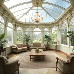 beautiful victorian conservatorypunk solarium room interior. gopro perspective. concept art in the style of breath of the wild. warm colours. symmetrical conservatory with plants and good feng shui. realtor photograph. 8 k cgi rendered in octane