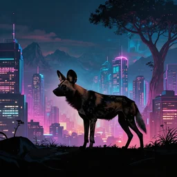 an african wild dog, silhouette against a cyberpunk cityscape, neon, mountains, giant trees, by paul lehr