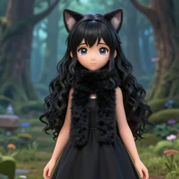 render of a very kawai 3d anime girl, wearing fluffy black scarf, long dress, black long curly hair, watery eyes, cat ears, in the magical forest, medium shot, mid-shot, highly detailed, trending on Artstation, Unreal Engine 4k