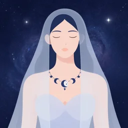 a portrait of a galaxy as an androgynous druid spirit wearing a necklace of moons and stars, draped in transparent cloth, flat colors, occult, minimal, swirly, bust by marian spore bush, decorative art deco border, astrophotography, vast cosmos, digital illustration overlayed on photography, trending on artstation