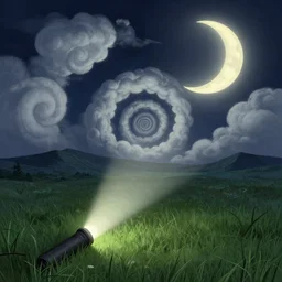 dak, nightly, spiral, naive nerikomi, weird perspective, extra narrow, detailed illustration, lit by flashlight, grass field, mountainous terrain, chubby curled clouds, volumetric lighting, concave crescent moon