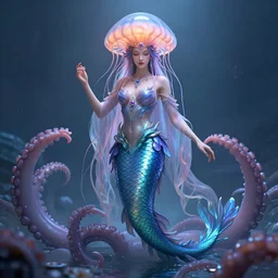 Full body photo of the most beautiful goddess, she has a jellyfish-phoenix head's and a siren body, some tentacles are touching her, she is in the distance, by Tooth Wu, trending on Artstation, digital art, symmetrical artwork, cinematic, hyper realism, high detail, octane render, 4k, 8k
