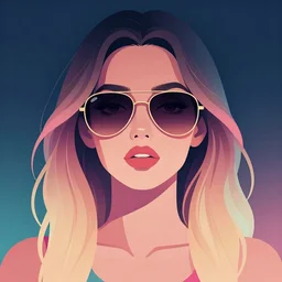 flat portrait art of an beautiful muted vaporwave ombre stylish retrofuturistic woman wearing oversized aviator sunglasses atmosphere, glow, shaded, full of colour, cinematic lighting, trending on artstation, 4 k, focused, vector, by patrick nagel, simple bold clean lines