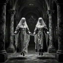 nightmare vision, long depth of field. black and white, award winning photo of smiling levitating twin nuns, wearing translucent sheet, Mary in a sanctuary, mirror hallways, eerie, tall columns, frightening —width 1024 —height 1024
