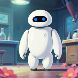 a wholesome key shot of a lone white android in a lab, low shot angle, studio ghibli, pixar and disney animation, sharp, rendered in unreal engine 5, anime key art by greg rutkowski and nixeu, full bloom, vibrant lighting